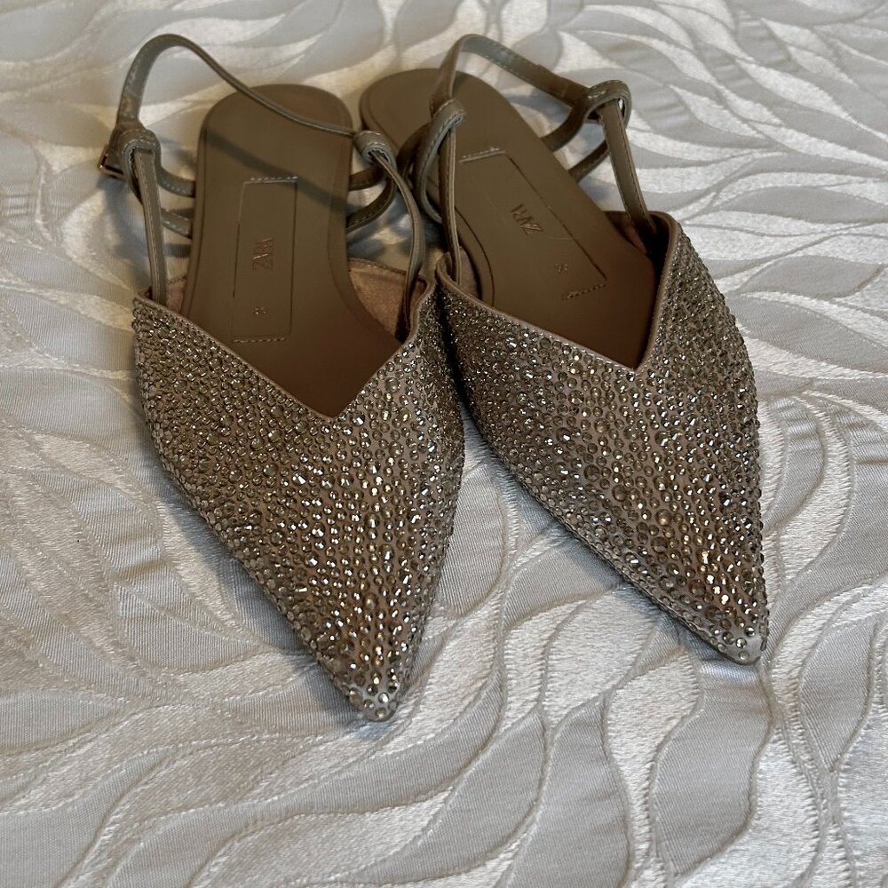 Zara Crystal-Embellished Pointed Slingback Flats – Size 36